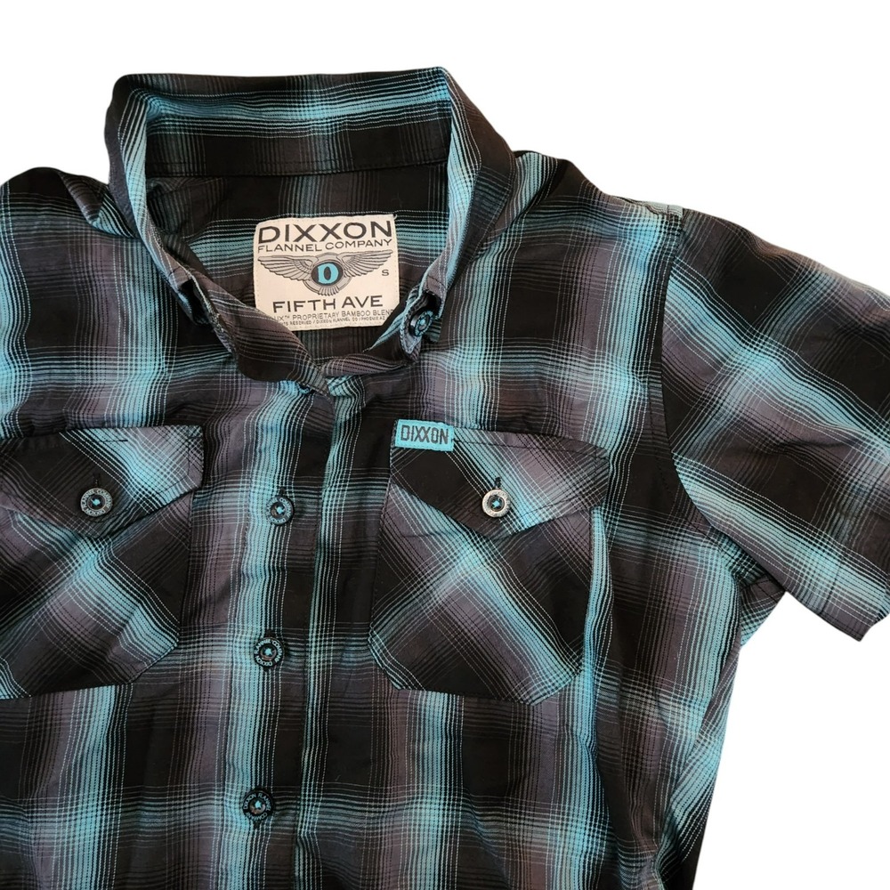 Dixxon Flannel Company Fifth Ave Teal Black Plaid Bamboo Short Sleeve Shirt S